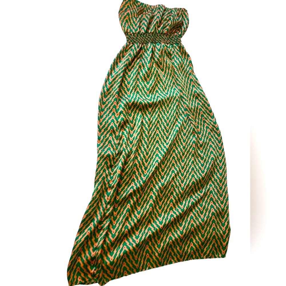 King & Saints Pink and Green Striped Pattern Strapless Maxi- Shiny & Awesome! M
